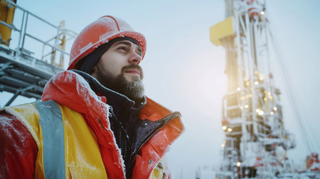 A worker wearing an orange helmet and warm jacket stands on a drilling site, gazing towards a rig at sunset. Snow covers the ground, highlighting the cold weather.の素材
