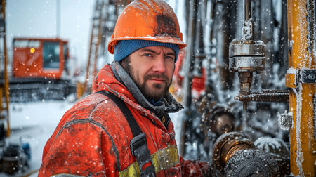 A dedicated oil worker stands at a drilling site during heavy snowfall. Wearing bright orange gear and a hard hat, he focuses on his task amidst the cold and harsh weather conditions.の素材