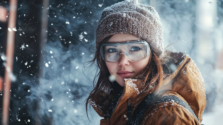 A woman stands in a snowy environment, wearing a cozy winter jacket and protective glasses. Snowflakes swirl around her, creating a peaceful winter scene in the forest.の素材