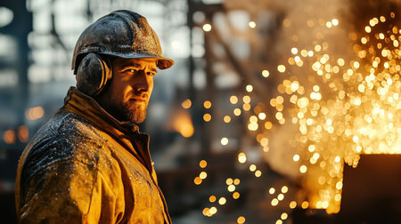 A worker stands focused in a metal workshop, wearing protective gear. Sparks fly around him as he engages in intricate metalworking, showcasing his expertise during the manufacturing process.の素材