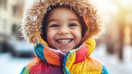 A young child wearing a bright, colorful winter coat smiles broadly while standing outside in a snowy city scene. The warm sunlight adds a golden glow to the moment.の素材