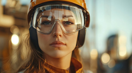 A construction worker stands confidently at a busy job site during daylight, wearing a hard hat and safety glasses. She is focused and ready to tackle the tasks ahead.の素材