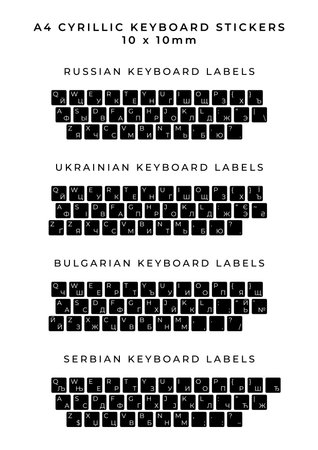 A4 sheet of Cyrillic keyboard stickers with Russian, Ukrainian, Bulgarian, and Serbian layouts,...