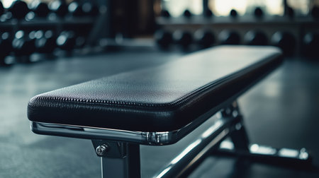 A workout bench sits in the center of a modern gym, surrounded by various weights. Soft lighting illuminates the space, creating an inviting atmosphere for exercise.の素材