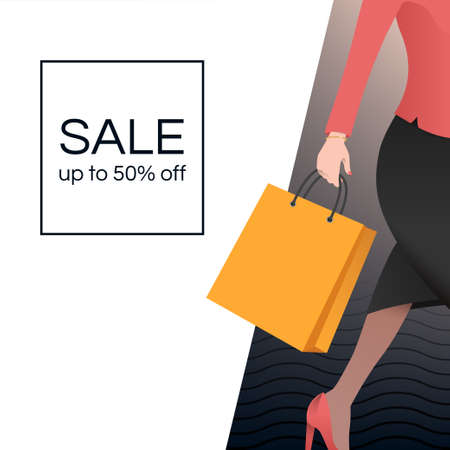 Women with shopping bag. Sale illustration. Concept for your flyer, placard, advertising, business presentation. Vector eps 10.のイラスト素材