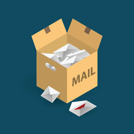 cardboard box full of envelope. Mail illustration.