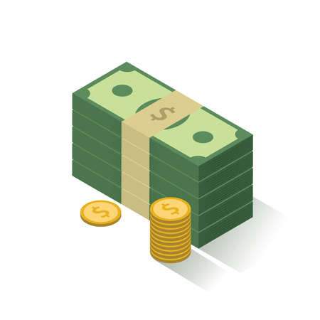 Cash icon. Stack of dollars and coins. Isolated on white. Element for your design.のイラスト素材