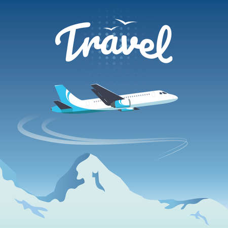 Airplane flying above mountains. Vector travel illustration. Winter tourism. Use for your banner, flyer and card design.のイラスト素材