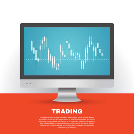 Trading flat illustration. Japanese candlestick analysis. Financial investment. Monitor on a table. Design element for your business presentation.のイラスト素材