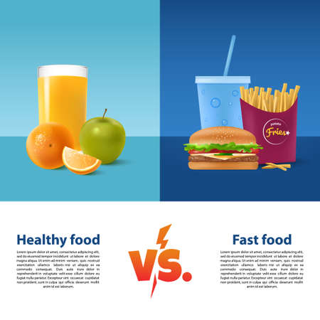 Healthy food versus fast food. Fruits and juice. Hamburger, potatoes fries and soda. Ration illustration. Vector eps 10.のイラスト素材