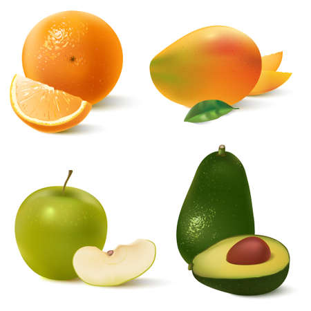 Realistic fruits set isolated on white background. Orange, mango,green apple, avocado.のイラスト素材