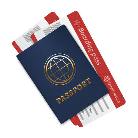 International passport with a blue cover and two air tickets. Realistic isolated illustration.のイラスト素材