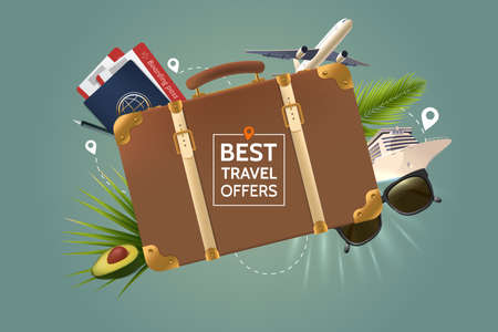 Best travel offer concept. Retro brown suitcase on the background of the attributes of tourism. Air plane, passport, tickets, sunglasses, palm leaves and cruise ship. Vector illustration.Eps 10のイラスト素材