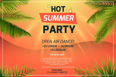 Hot summer party invitation concept. Text on sunset background. Frame of tropical leaves. Colorful vector template for flyer, banner, web page, advertising, poster.のイラスト素材
