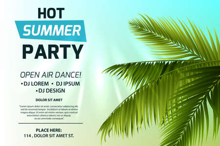 Hot summer party invitation concept. Text on light background. Green palm leaves and sun rays. Colorful vector template for flyer, banner, web page, advertising, poster.のイラスト素材