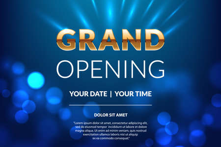 Grand opening invitation concept. Celebration design. Gold glitter letters on abstract background with light effect. Applicable for banner, flyer, presentation and poster design. Vector eps 10.のイラスト素材