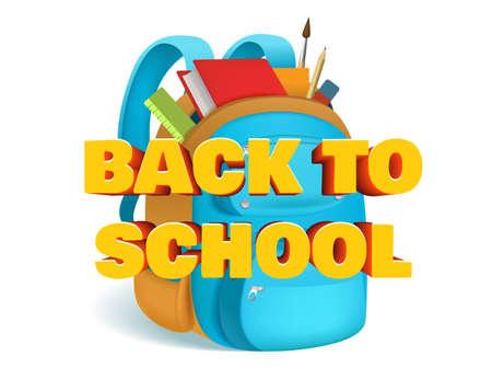 Back to school yellow 3d letters on background of school backpack. Vector illustration. Eps 10.のイラスト素材