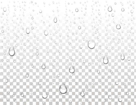 Realistic pure water drops on isolated background. Clean water drop condensation.Steam shower condensation on vertical surface. Vector illustration.のイラスト素材