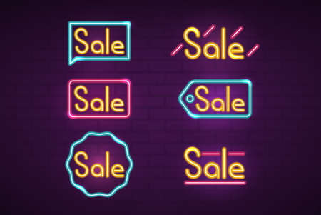 Sale neon signs set. Colorful neon night lights tags on brick wall dark background. Design elements for advertising. Vector illustration.のイラスト素材
