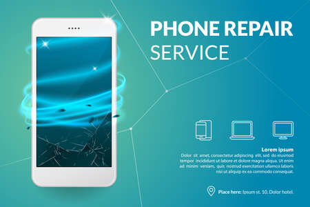 Phone repair service banner template. Smartphone with broken screen on blue background. Repairing electronics. Advertising concept. Vector eps 10.のイラスト素材