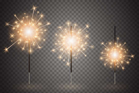 Christmas bengal light set. Realistic sparkler lights isolated on transparent background. Festive bright fireworks. Element of decorations for celebrations and holidays. Vector illustrationのイラスト素材