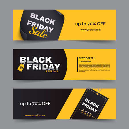 Black friday horizontal banner set. Black friday sale logo on yellow and dark background with geometric shapes. Minimalistic discount flyers.のイラスト素材