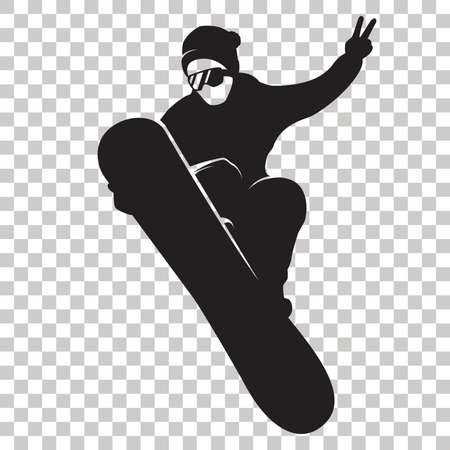 Snowboarder Silhouette isolated on transparent background. Stylized Snowboarder black logo. Rider with snowboard. Winter sport icon. Vector illustration.のイラスト素材