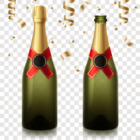 Realistic Bottle of champagne vector illustration isolated on transparent background. Festive champagne with falling confetti. Celebratory beverage.のイラスト素材