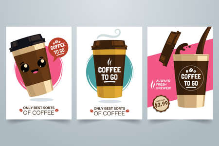 Hot Coffee cartoon illustration. Cute coffee cup with smiley face. Plastic cup with drink. Decorative elements for menu, flyer, advertising. A4 posters. Vector eps 10.のイラスト素材