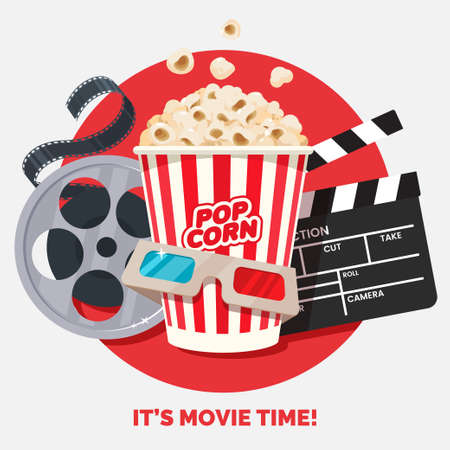 Movie time vector illustration. Cinema poster concept on red round background. Composition with popcorn, clapperboard, 3d glasses and filmstrip. Cinema banner design for movie theater.のイラスト素材