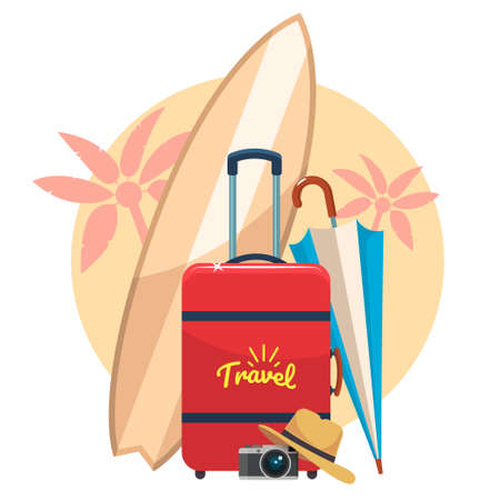 Tourist suitcase, camera and hat, surf board, beach umbrella. Vacation flat illustration travel attributes to tropical countries. Element for your travel design vector icon.のイラスト素材