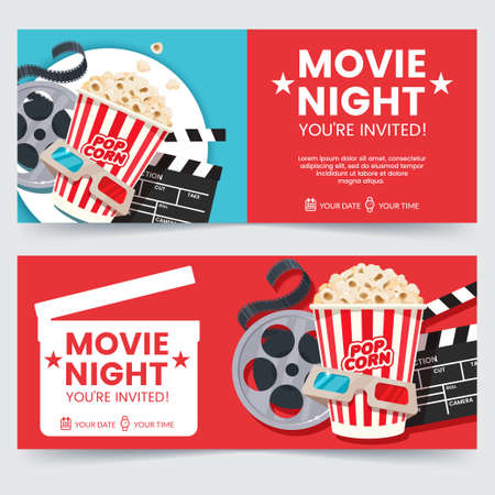 Cinema tickets design concept. Movie Night invitation. Cinema poster template. Composition with popcorn, clapperboard, 3d glasses and filmstrip. Banner design for movie theater.のイラスト素材