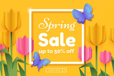 Spring sale promo banner with paper flowers and butterflies. Spring colorful background with frame and copy space. Origami yellow and pink tulips. Vector illustration.のイラスト素材