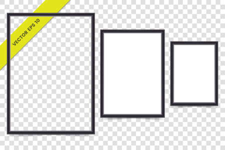 Vector black plastic frame for photo, poster or picture isolated on transparent background. Empty frame mock up.のイラスト素材