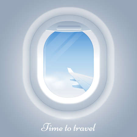 Porthole airplane vector illustration. View from the airplane window to the blue sky and wing. Time to travel. Realistic aircraft window.のイラスト素材