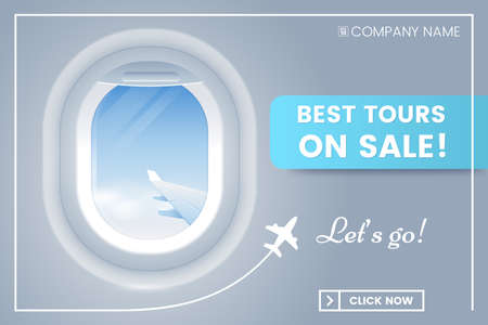 Travel offer banner concept with porthole airplane. Best tours on sale. Vacation banner ad. Vector illustration. Applicable for voucher, ticket.のイラスト素材