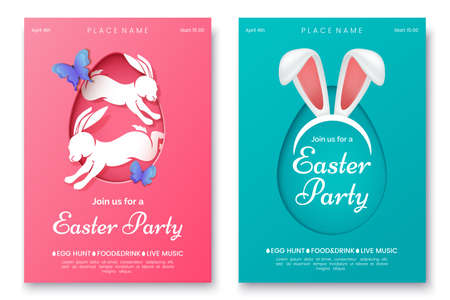 Easter party invitation flyer concept. Pink and blue easter party poster with bunny ears, rabbits and egg silhouettes. Creative vector illustrations for your event invitation. Eps 10のイラスト素材