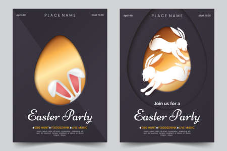 Easter party invitation template. Creative easter greeting cards with golden egg and bunnies in paper cut style. Black, white and gold colors. Vector illustration.のイラスト素材