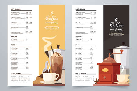 Vector Coffee card design template. Coffee menu a4 concept with illustration and text. Cream and dark background. Decorative elements for menu, cafe, flyer, advertising, etc. Eps 10.のイラスト素材