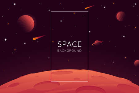 Red planet landscape vector illustration. Space background with place for text. Surface of the planet with craters. Space decoration for your design. Stars and comets on dark background.のイラスト素材