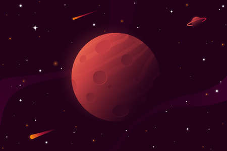 Big red planet with craters. Mars vector illustration. Space background with stars, planet and comets. Decoration for your design.のイラスト素材