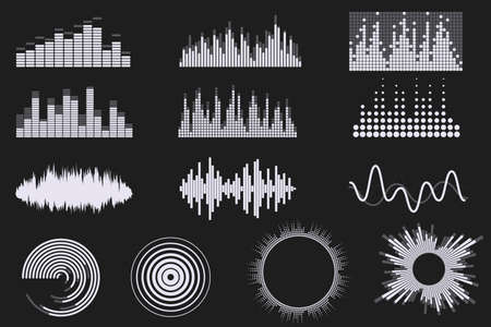 Sound digital equalizer set. Audio digital equalizer technology. Music soundwave icons. Classic, round and creative shapes. Isolated on black background. Element for your design. Vector eps 10.のイラスト素材
