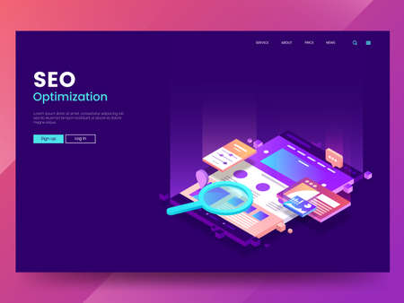 Seo optimization web page template. Isometric Web interface with different app.のイラスト素材