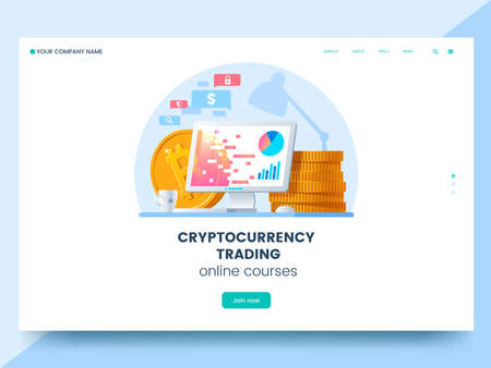 Cryptocurrency trading courses advertising web page. Workplace with computer and pile of gold coins. Purchase of digital coins. Digital currency trading concept. Vector eps 10.のイラスト素材