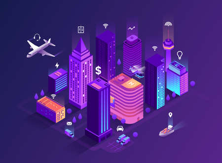 Smart city isometric illustration. Intelligent buildings. Streets of the city connected to computer network. Internet of things concept. Business center with skyscrapers.のイラスト素材