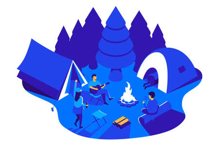 Camping in woods isometric illustration. Camping party. Group of people sitting at a campfire. Summer outdoor fun. Eps 10.のイラスト素材
