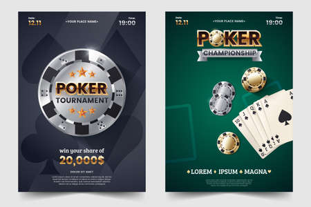 Casino poker tournament invatation design. Gold text with playing chip and cards. Poker party a4 flyer template. Applicable for promotion poster, banner. Vector illustration.のイラスト素材