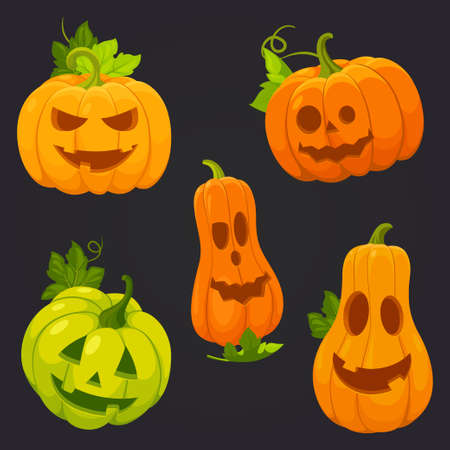 Pumpkin with carved spooky and funny face. Cartoon halloween pumpkin set. Decorative elements for your celebration design. Vector illustration.のイラスト素材