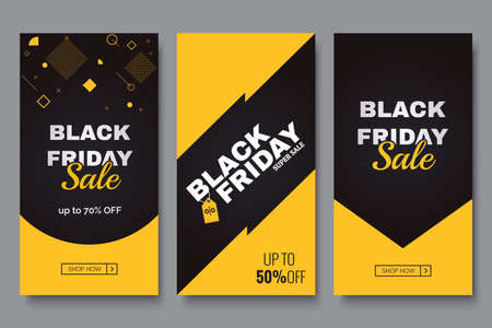 Black friday vertical promotion banner set. Sale banners design template. Yellow and dark geometric background. Minimalistic discount flyers. Vector eps 10のイラスト素材