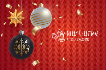 Merry christmas vector background. Black and silver hanging christmas balls with gold star on red woolen knitted texture. Falling golden confetti. Elements for your design. Greeting card conceptのイラスト素材